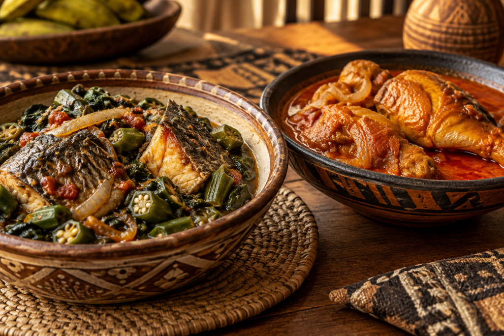 Calulu de peixe e moamba de galinha apresentados em recipientes artesanais.