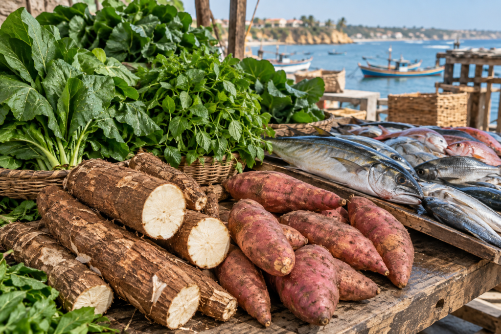 Folhas verdes, mandioca, batata-doce e peixe fresco numa banca junto à costa.