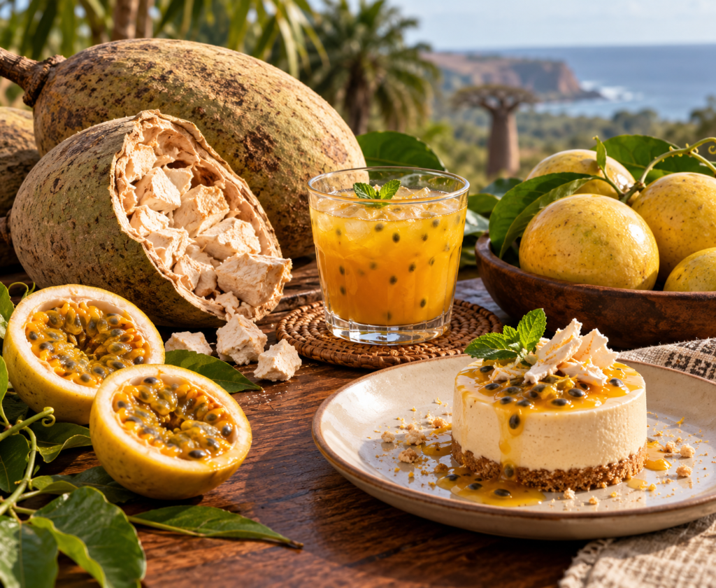 Múcua, maracujá, sobremesa e bebida de fruta tropical numa mesa.