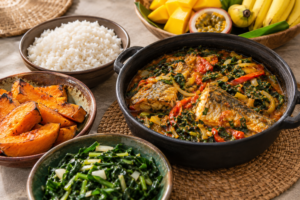 Pratos e ingredientes de inspiração angolana numa mesa